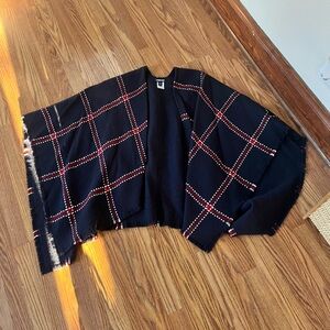 Lands' End Navy Open-Front Plaid Knit Cardigan with Red and White Accents